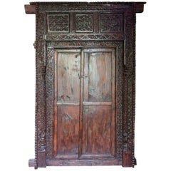 19th Century Antique Indian Ornately Carved Wood Entrance Door and Frame 1