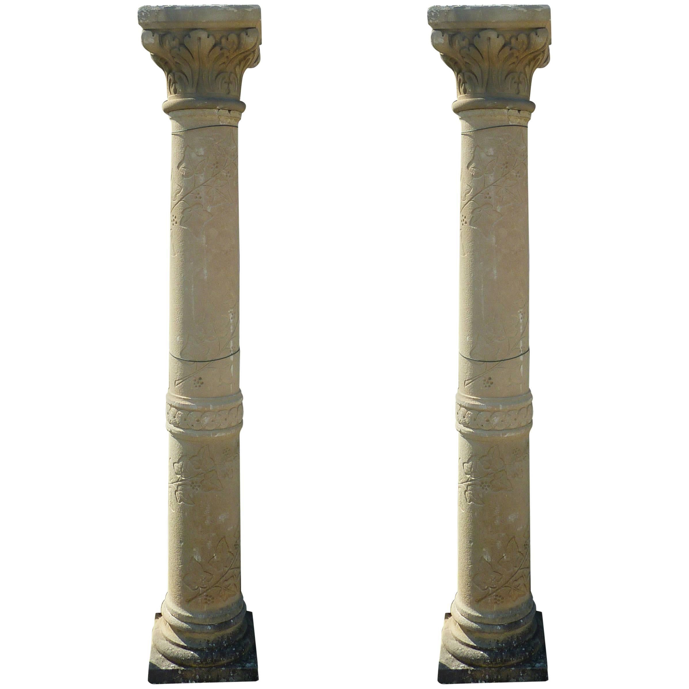 Rare Pair of Finely Hand-Sculpted Stone Columns, France