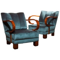 1920s, Art Deco Blue Velvet Club Chairs