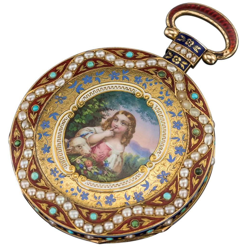 Antique Swiss Gold & Enamel Open Face Repeating Verge Pocket Watch, circa 1850