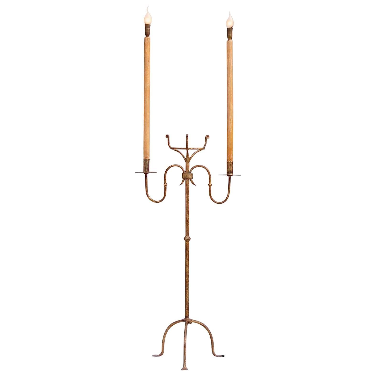 Tall Two-Arm Candle Floor Lamp with Gold Finish, Mid-20th Century, Italy For Sale
