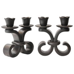 Pair of Black Glazed Candlesticks by Louis Giraud