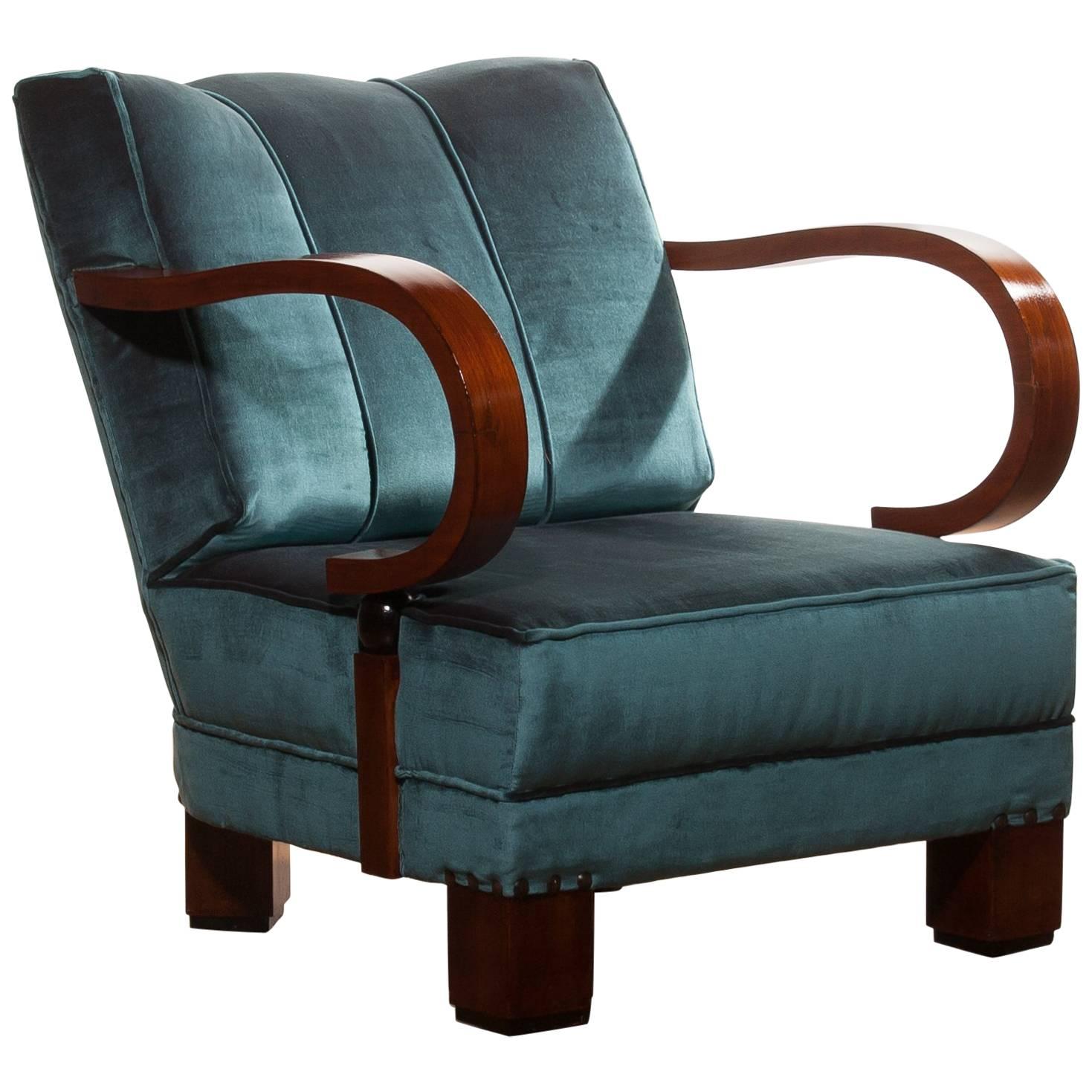 1920s, Art Deco Blue Velvet Club Chair