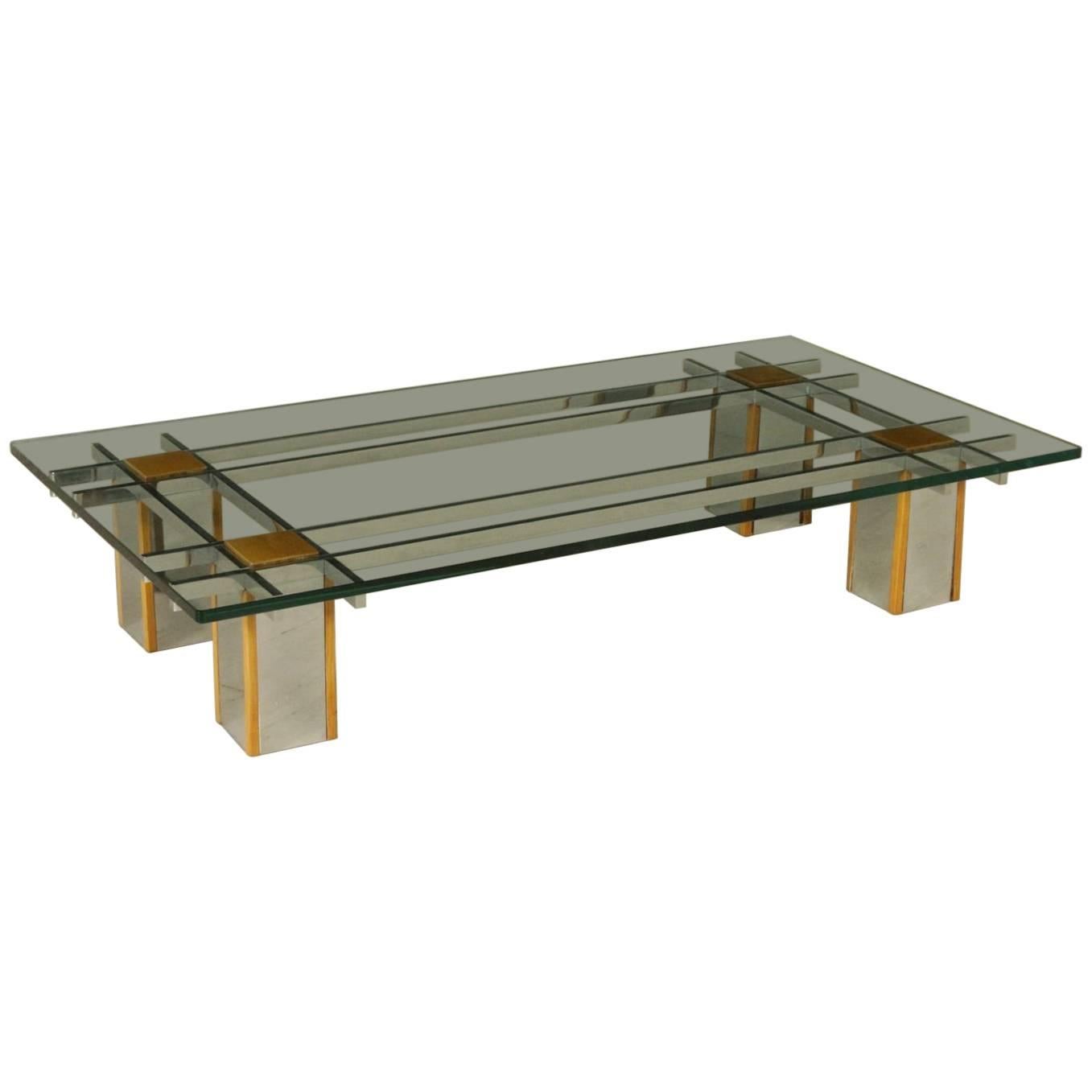 Vintage Coffee Table Chromed Metal Wood Glass, Italy, 1980s at 1stDibs