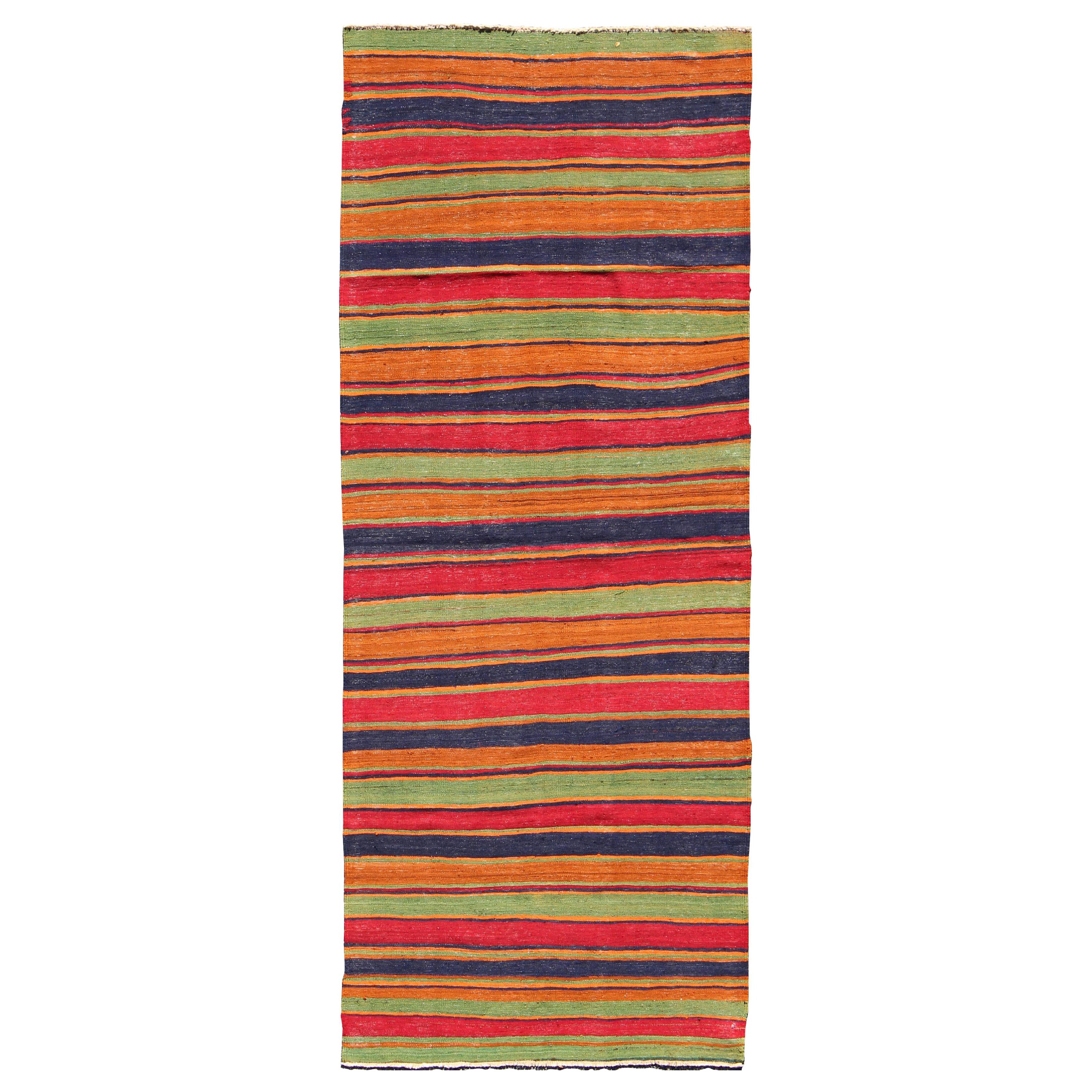Tapis de couloir Kilim vintage à rayures horizontales orange, vert, bleu, rouge, or en vente