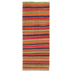 Vintage Kilim Runner with Horizontal Stripes in Orange, Green, Blue, Red, Gold