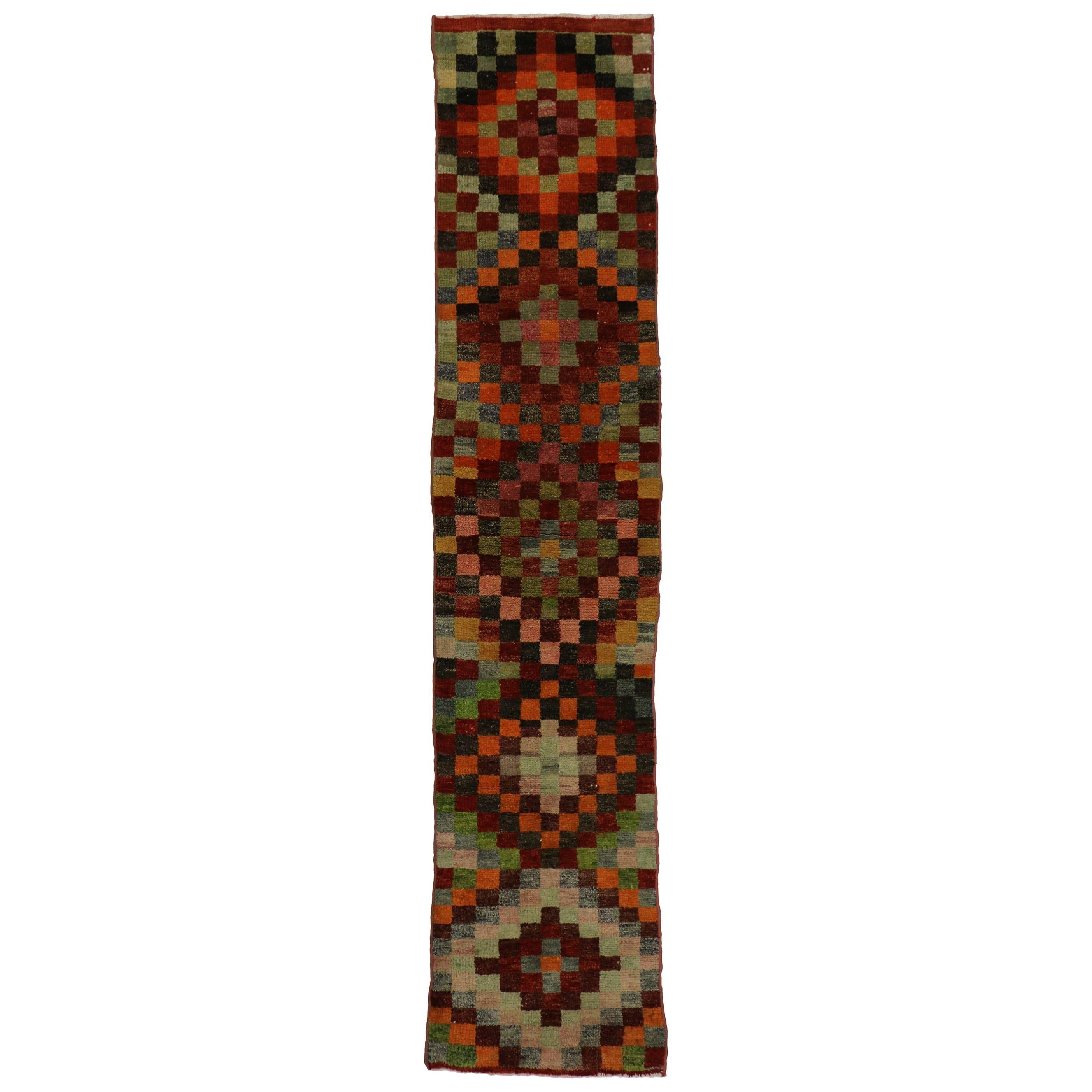 Vintage Turkish Oushak Runner with Checker Pattern and Bauhaus Cubism Style