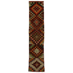 Vintage Turkish Oushak Runner with Checker Pattern and Bauhaus Cubism Style