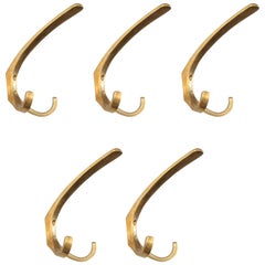 Vintage Five Brass Double Hooks by Carl Auböck with Fitting Brass Screws