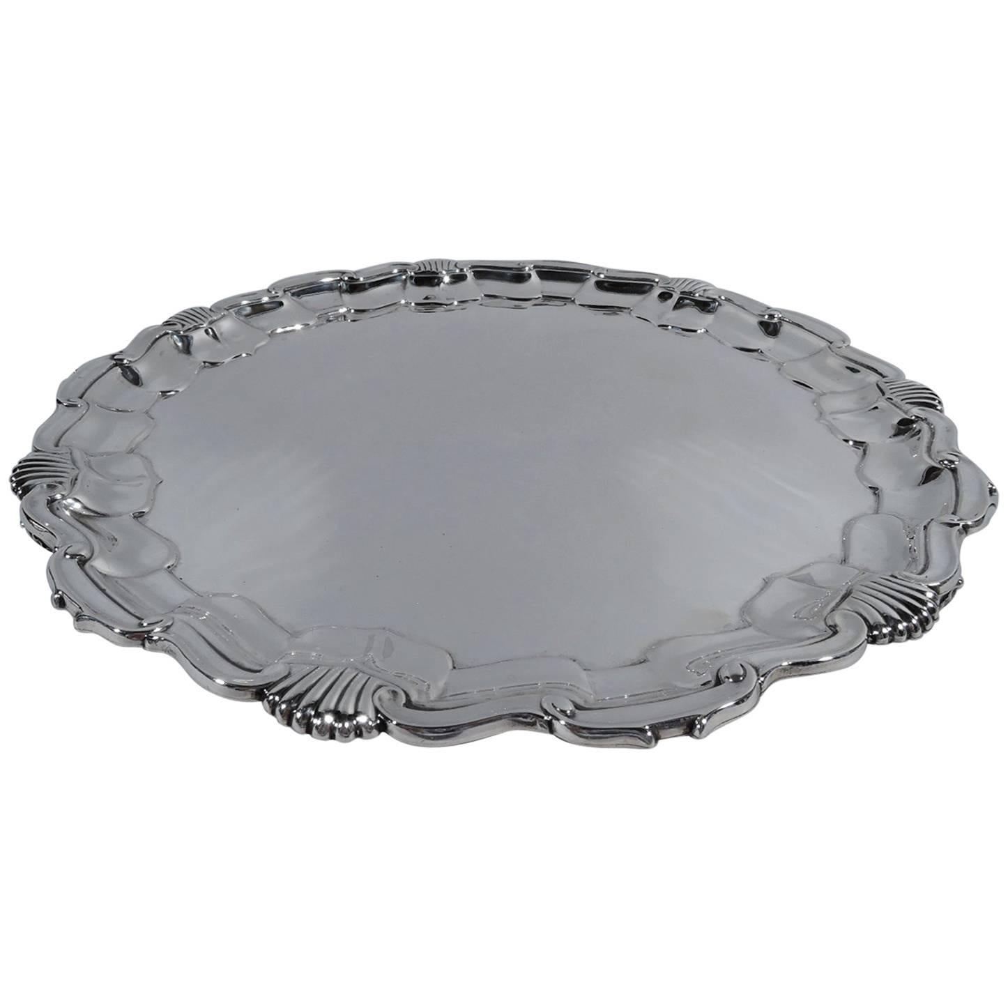 English Sterling Silver Salver Tray with Georgian Shell and Scroll Rim