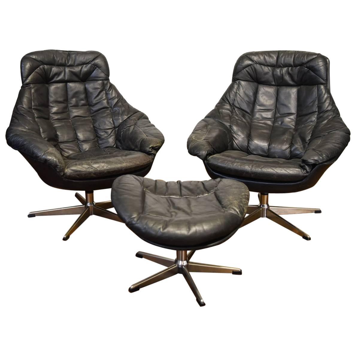 Pair of Black Leather Lounge Chairs with Ottoman by H.W. Klein for Bramin Mobler
