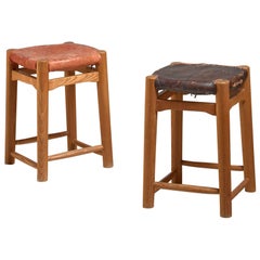 Pair of Oak Stools with Leather Seatpad, France, 1950s