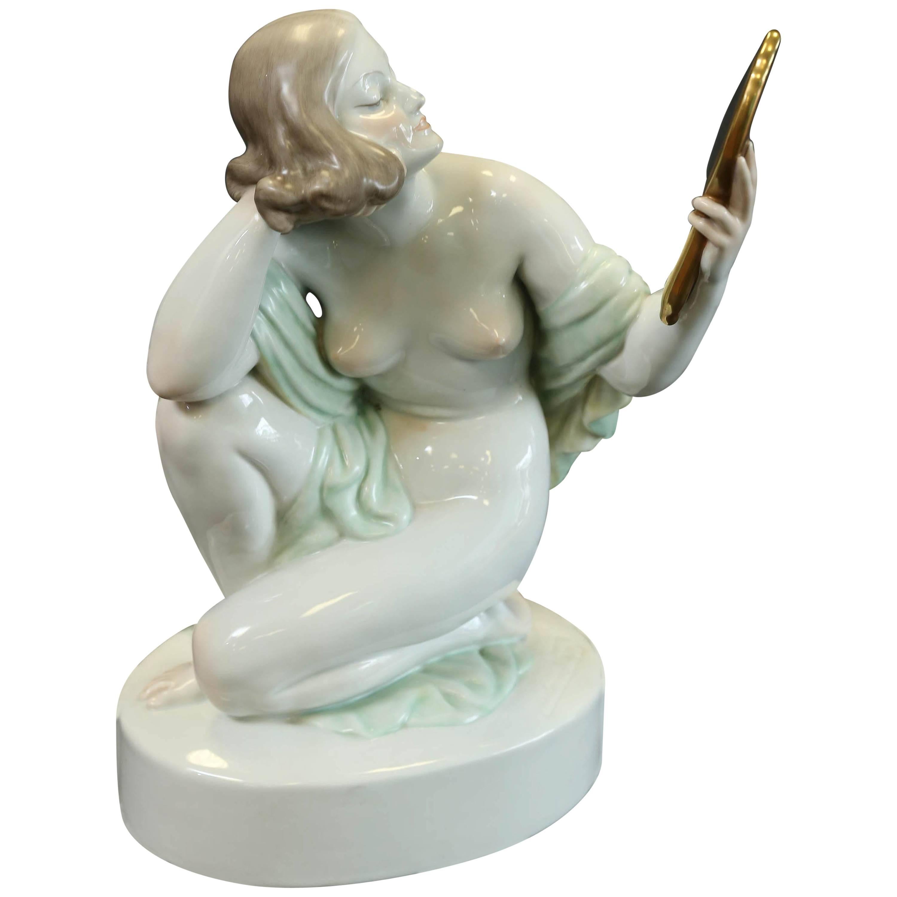 Herend Nude Female Figure with Mirror For Sale