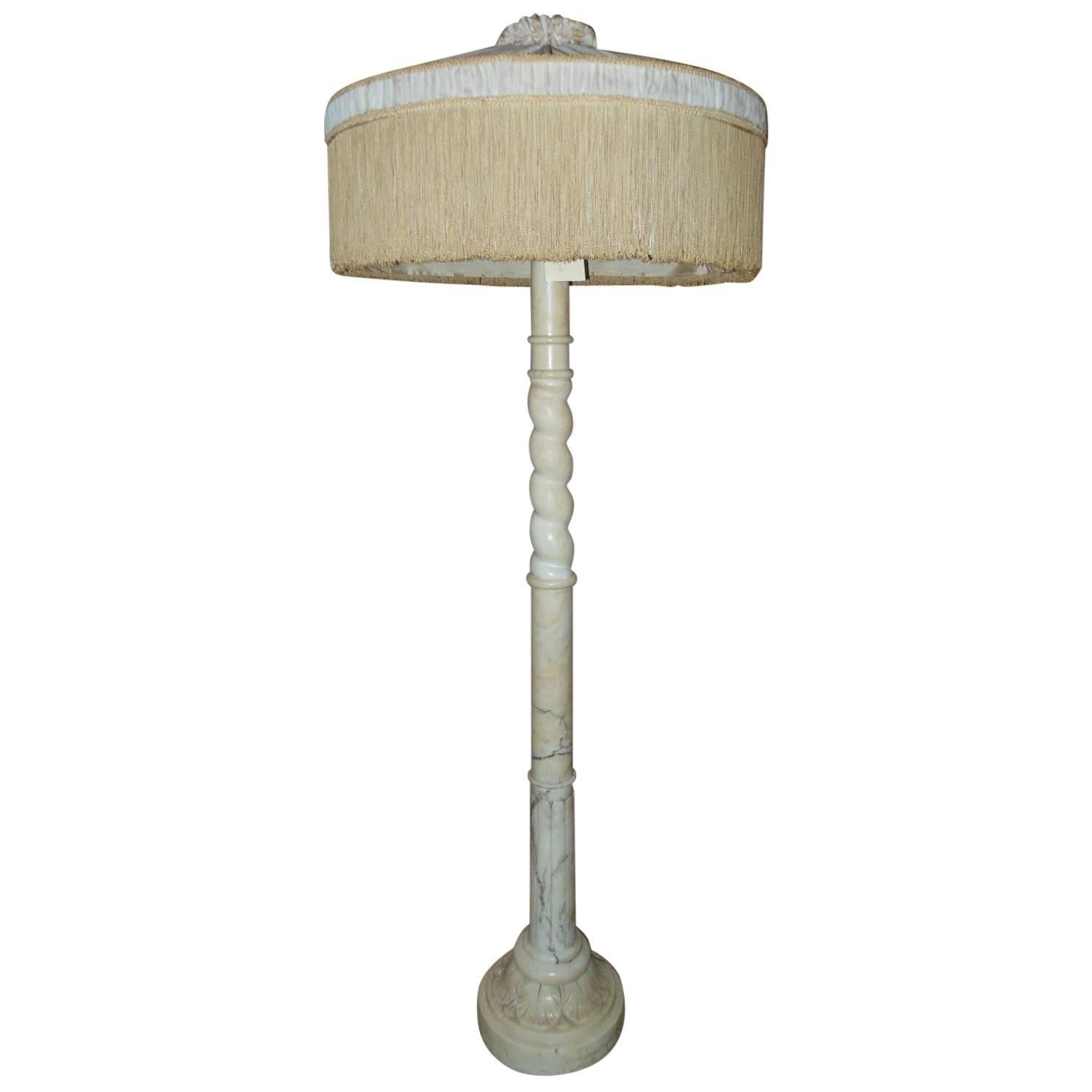 Floor Lamp 'Alabaster' with Period Silk Shade and Fringe For Sale