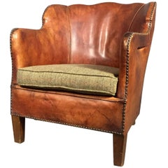 1940s Danish Sculpted Back Leather Club Chair, Harris Tweed Seat