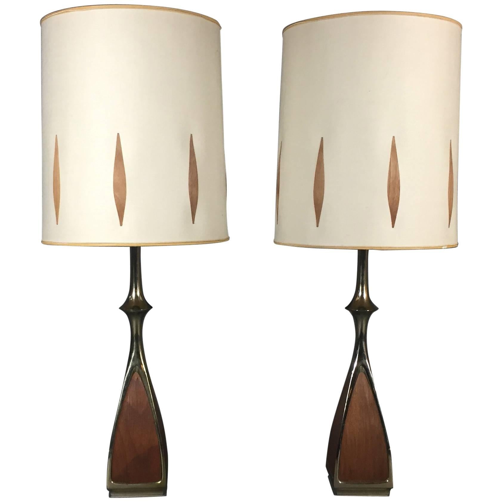 Pair of 1960s Laurel Lamps, Walnut and Brass, Original Shades, USA