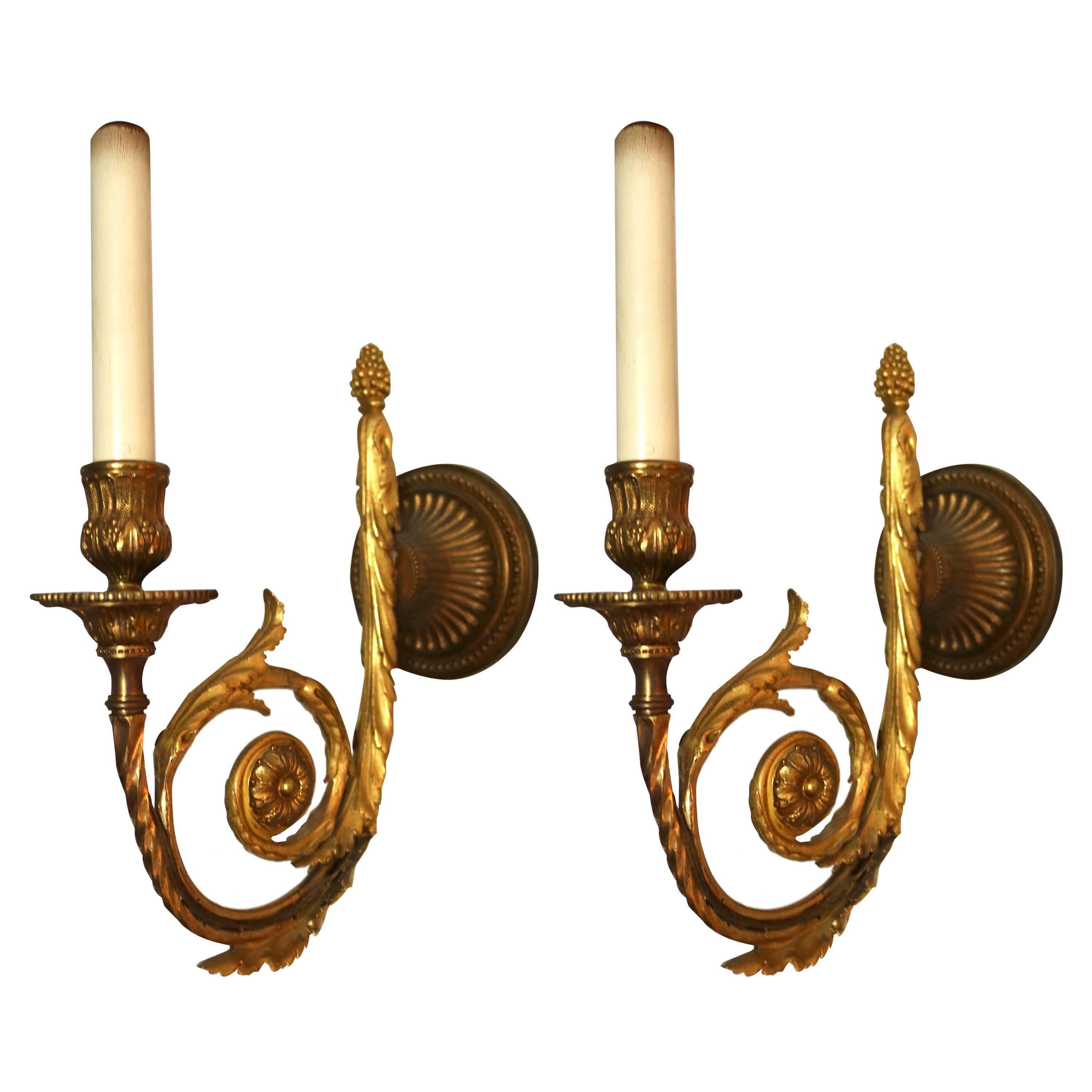 Pair of Louis XVI Style Single Arm, Bronze Doré Wall Sconces
