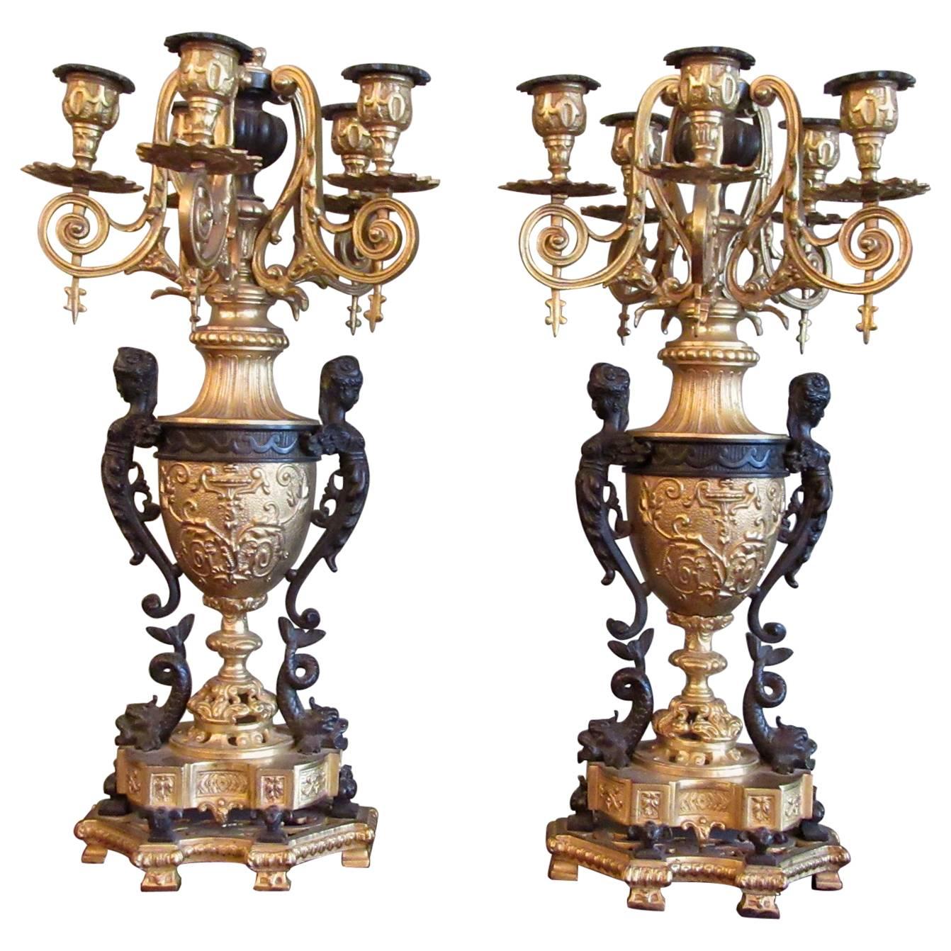 Pair of 19th Century French Neoclassical Patinated & Bronze Doré Urn Candelabras