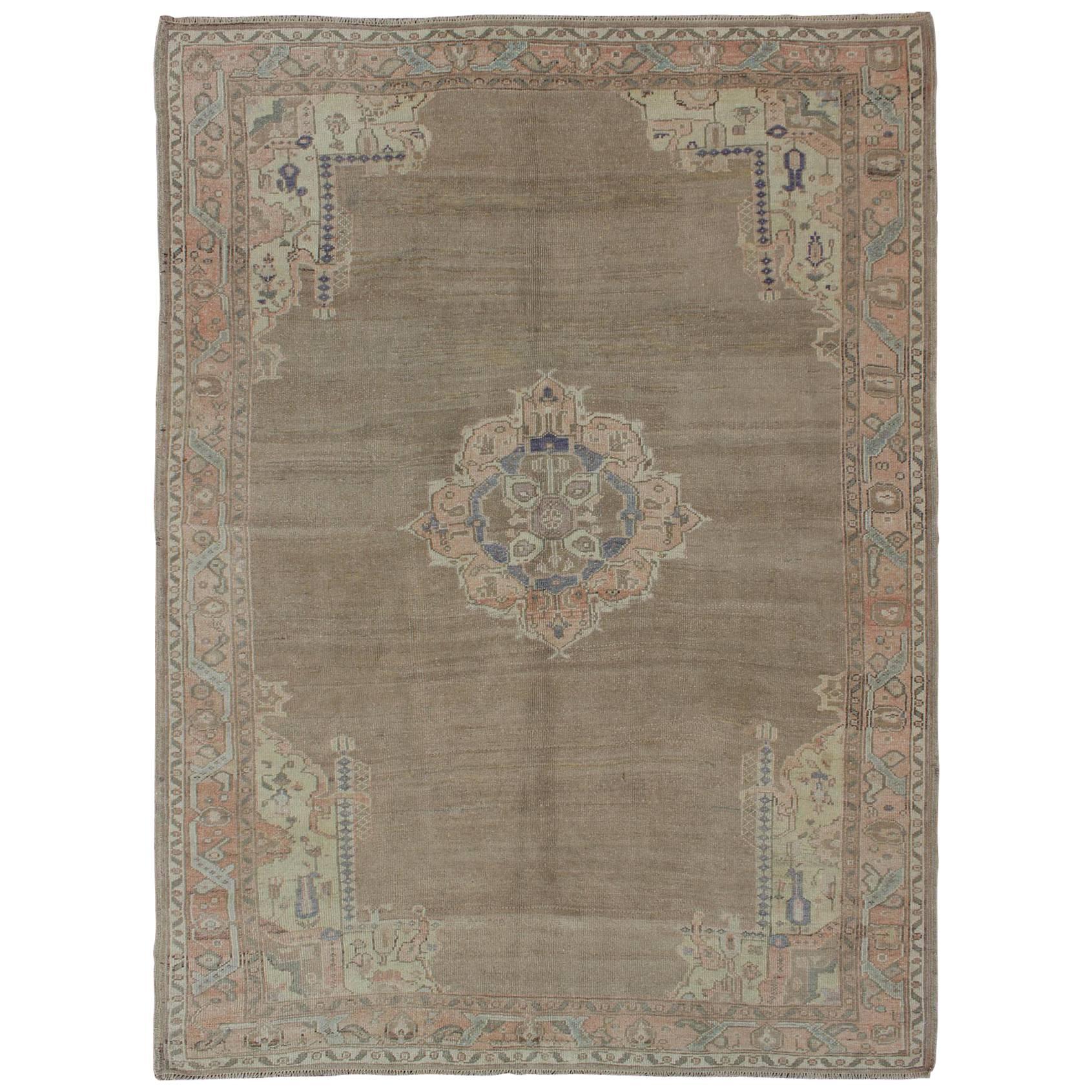 Vintage Turkish Oushak Rug with Medallion and Flowers in Taupe, Ivory, Gray