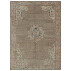 Vintage Turkish Oushak Rug with Medallion and Flowers in Taupe, Ivory, Gray