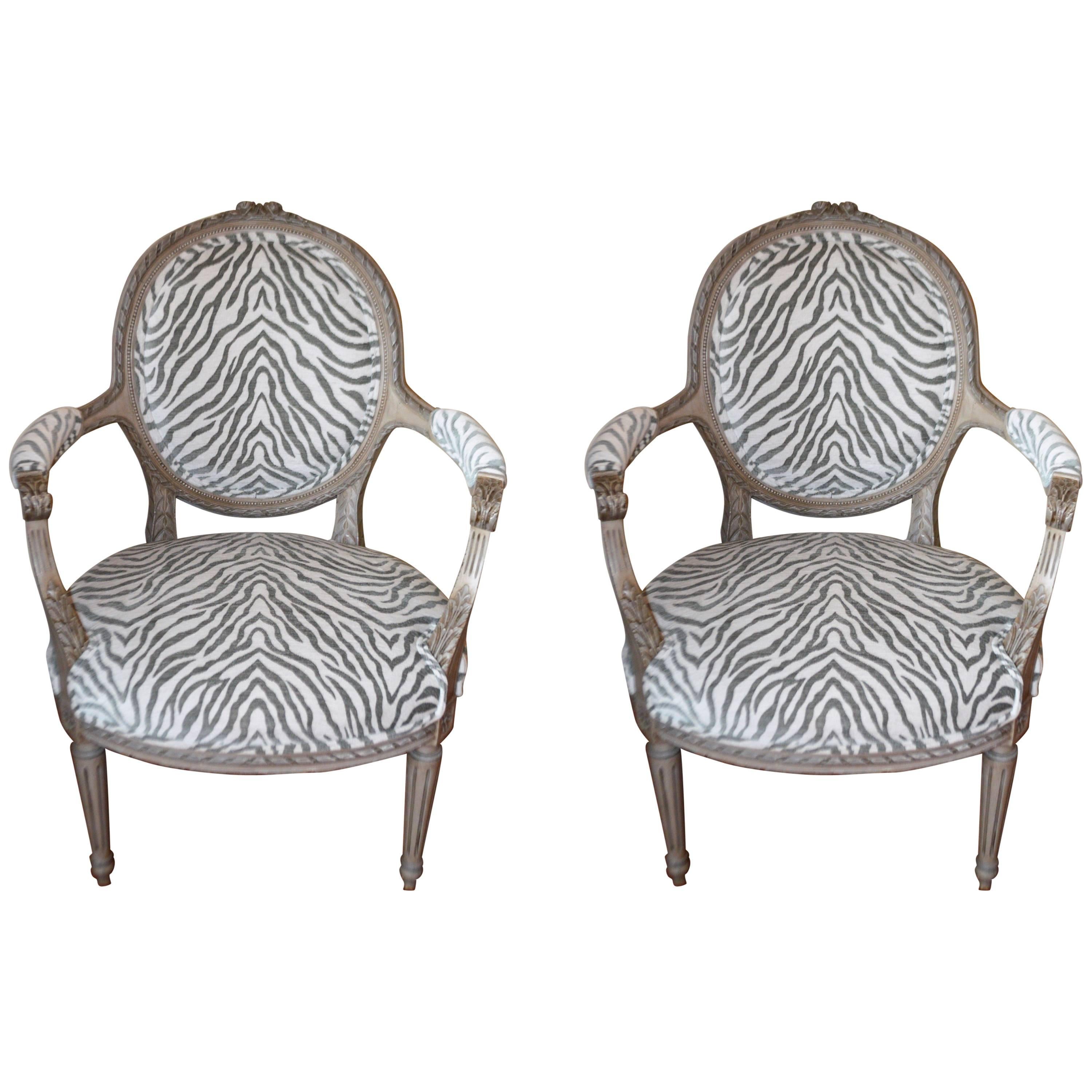 Pair of Louis XVI Style Painted Armchairs, Original Patina and Newly Upholstered For Sale