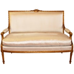 Louis XVI Style Gilded Sofa from France, Newly Upholstered in Grey Silk Fabric
