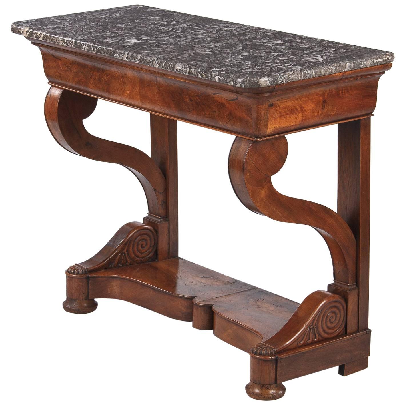 French Restoration Period Mahogany Console Table with Marble Top, 1820s