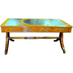 English Bench Made Inlaid Yew Wood Partner's Bureau Plat Writing Table