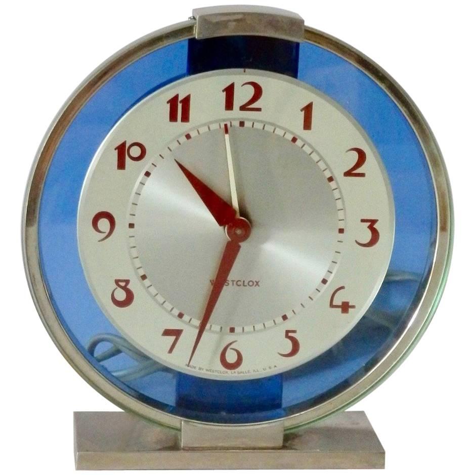 Blue Mirror with Chrome Art Deco Clock