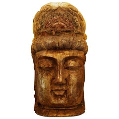 Large Gilt Buddha Head Wood Carved, 19th Century