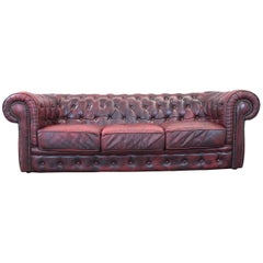 Chesterfield Designer Leather Sofa Red Three-Seat Couch Vintage Retro