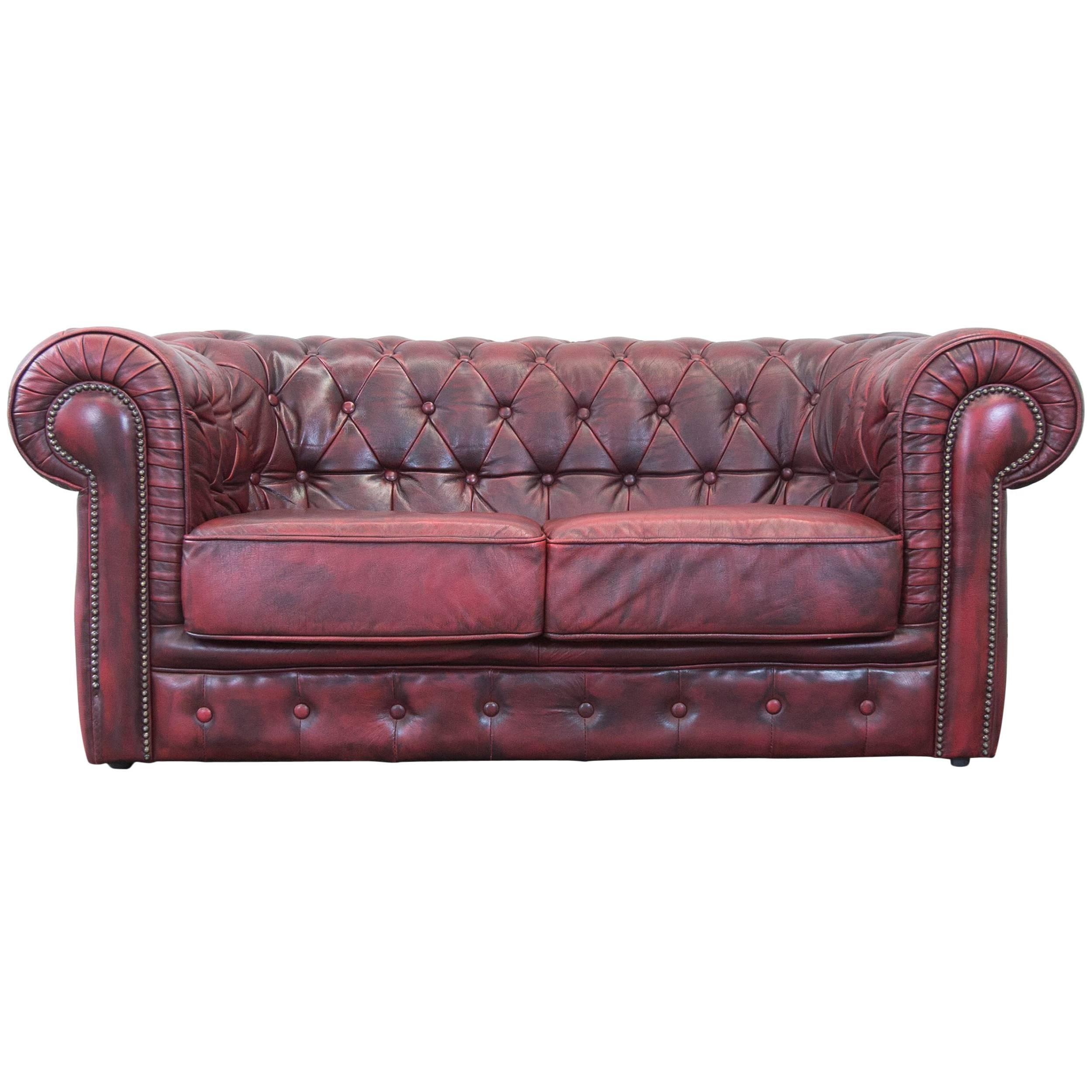 Chesterfield Designer Leather Sofa Red Two-Seat Couch Vintage Retro