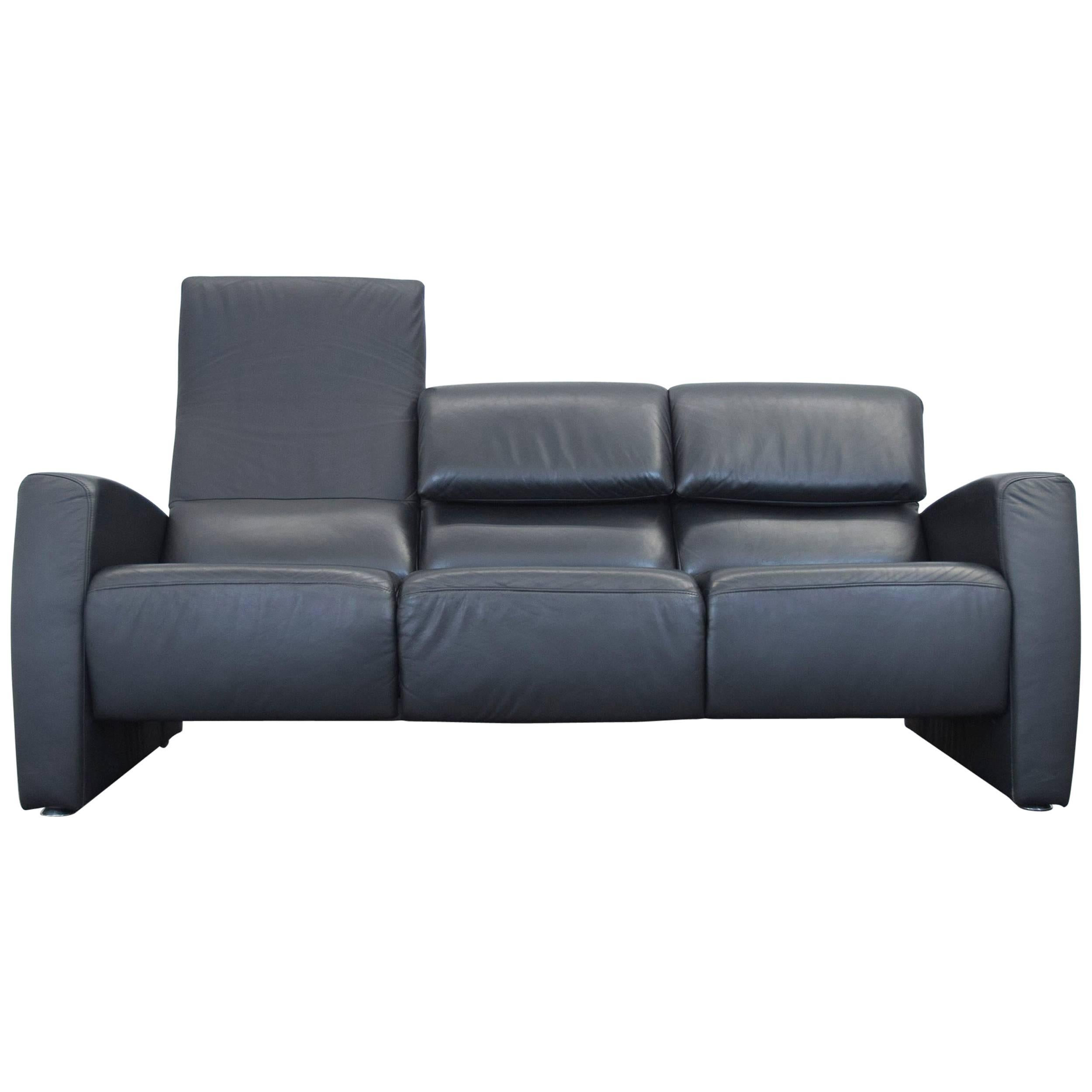 Designer Leather Sofa Black Three-Seat Couch Function Modern For Sale