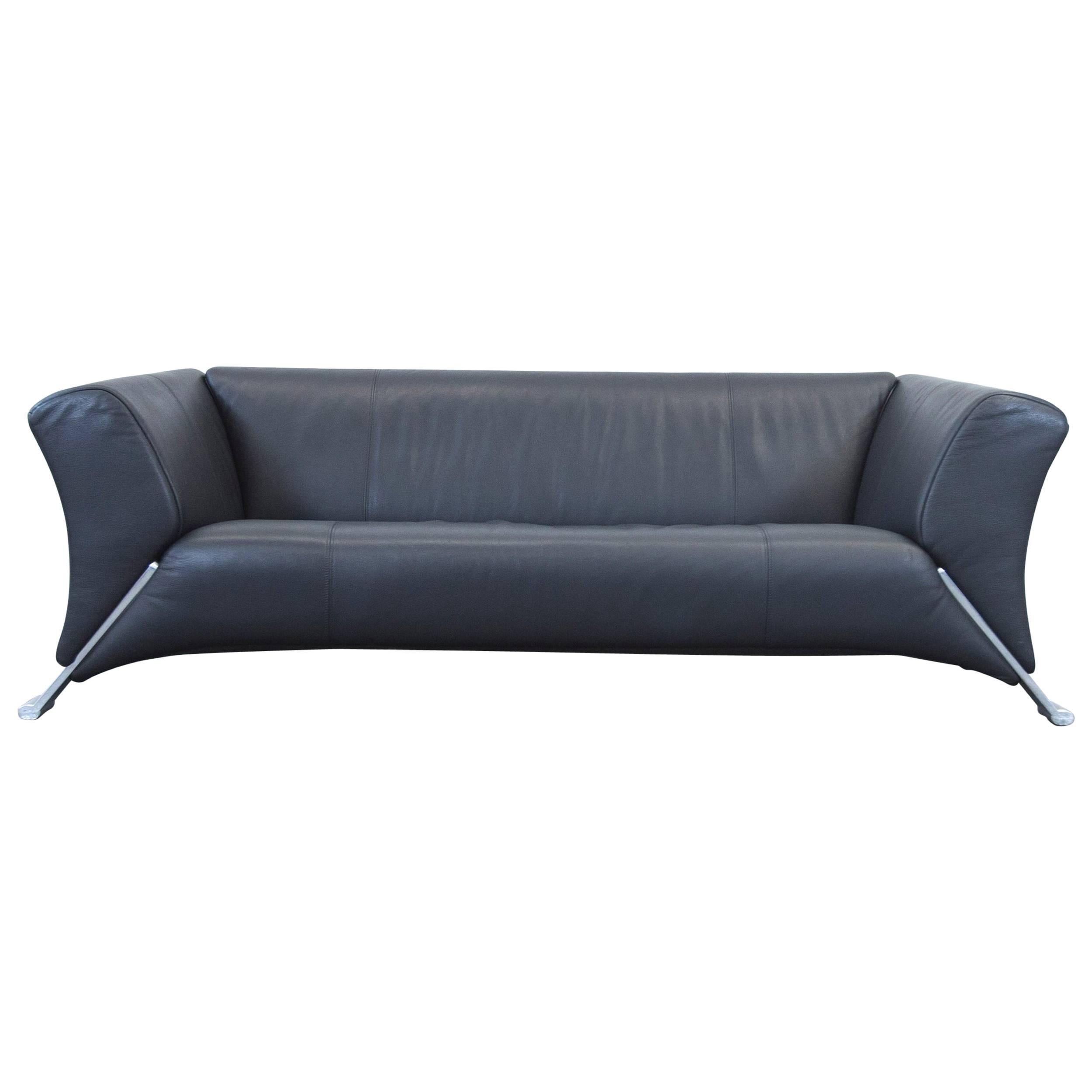 Rolf Benz 322 Designer Leather Sofa Black Three-Seat Couch Modern