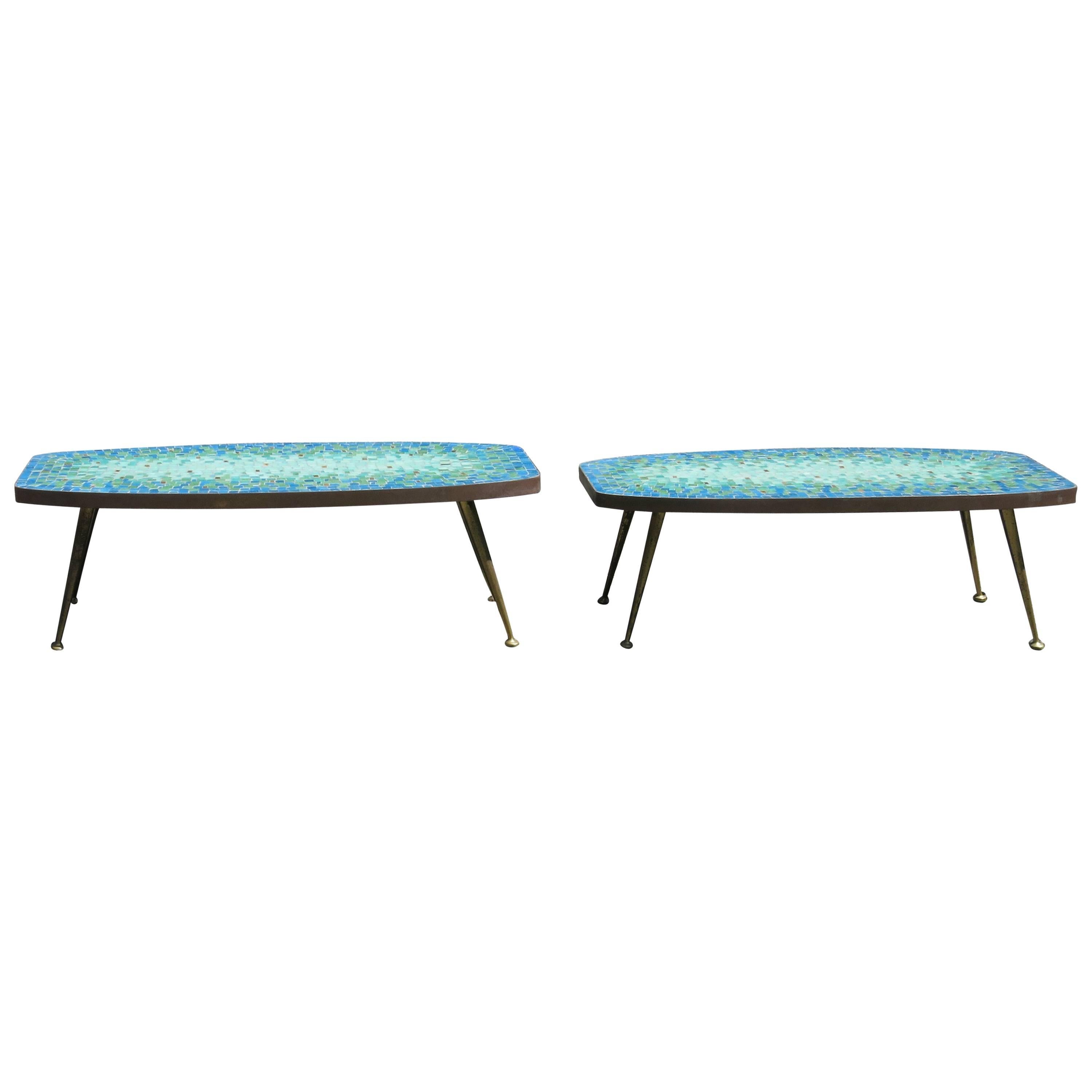 Pair of Italian Mid-Century Mosaic Glass Tile Top and Brass Tables
