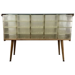 Used Unusual Mid-Century Modern Store Fixture, Plastic, Wood and Glass, 20 Cubbies