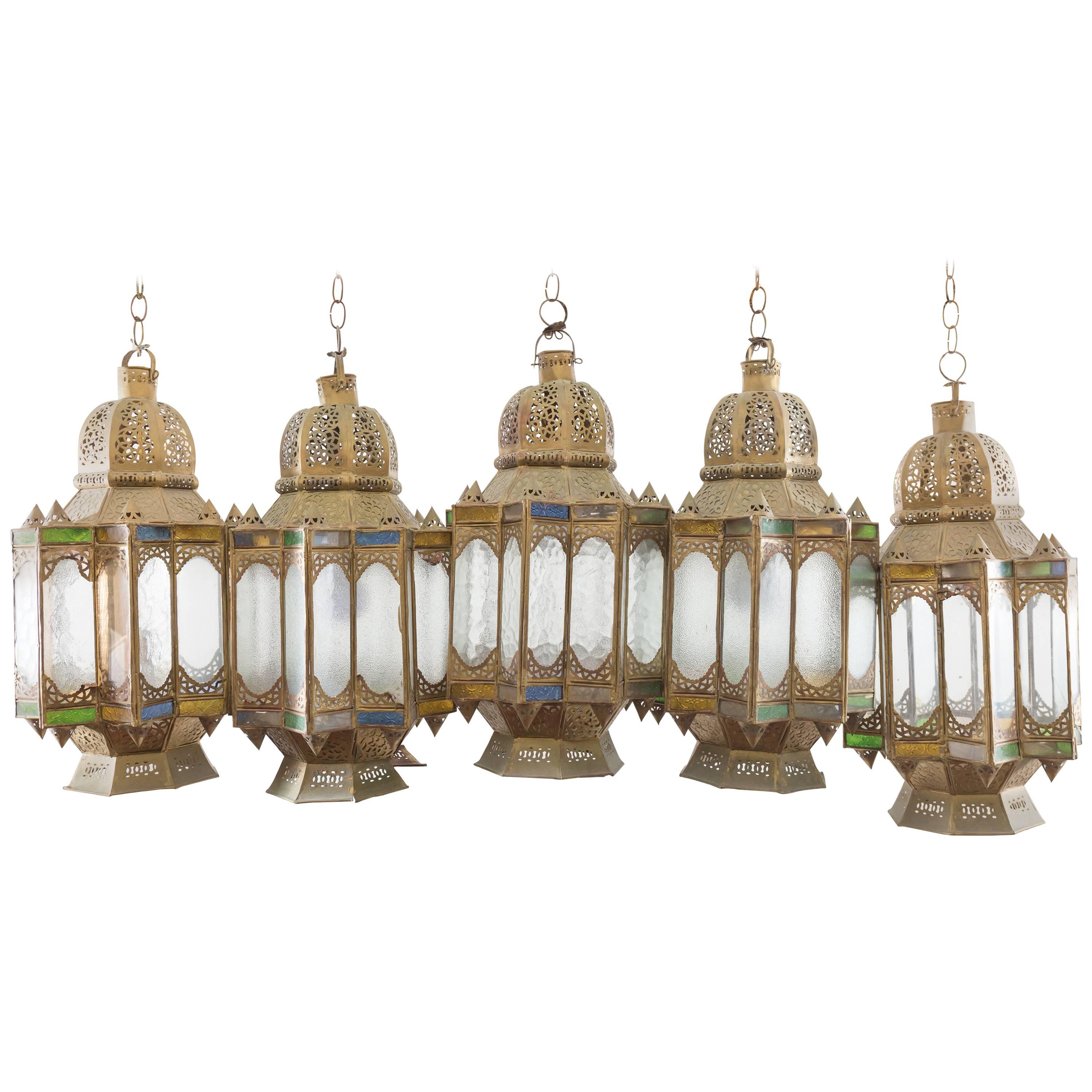 Moroccan Cluster of Pendants, Filigree with Green, Blue and White Glass Panes