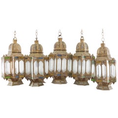 Antique Moroccan Cluster of Pendants, Filigree with Green, Blue and White Glass Panes