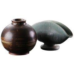 Two Stamped Vases by Arne Bang in Glazed Stoneware Made by Saxbo