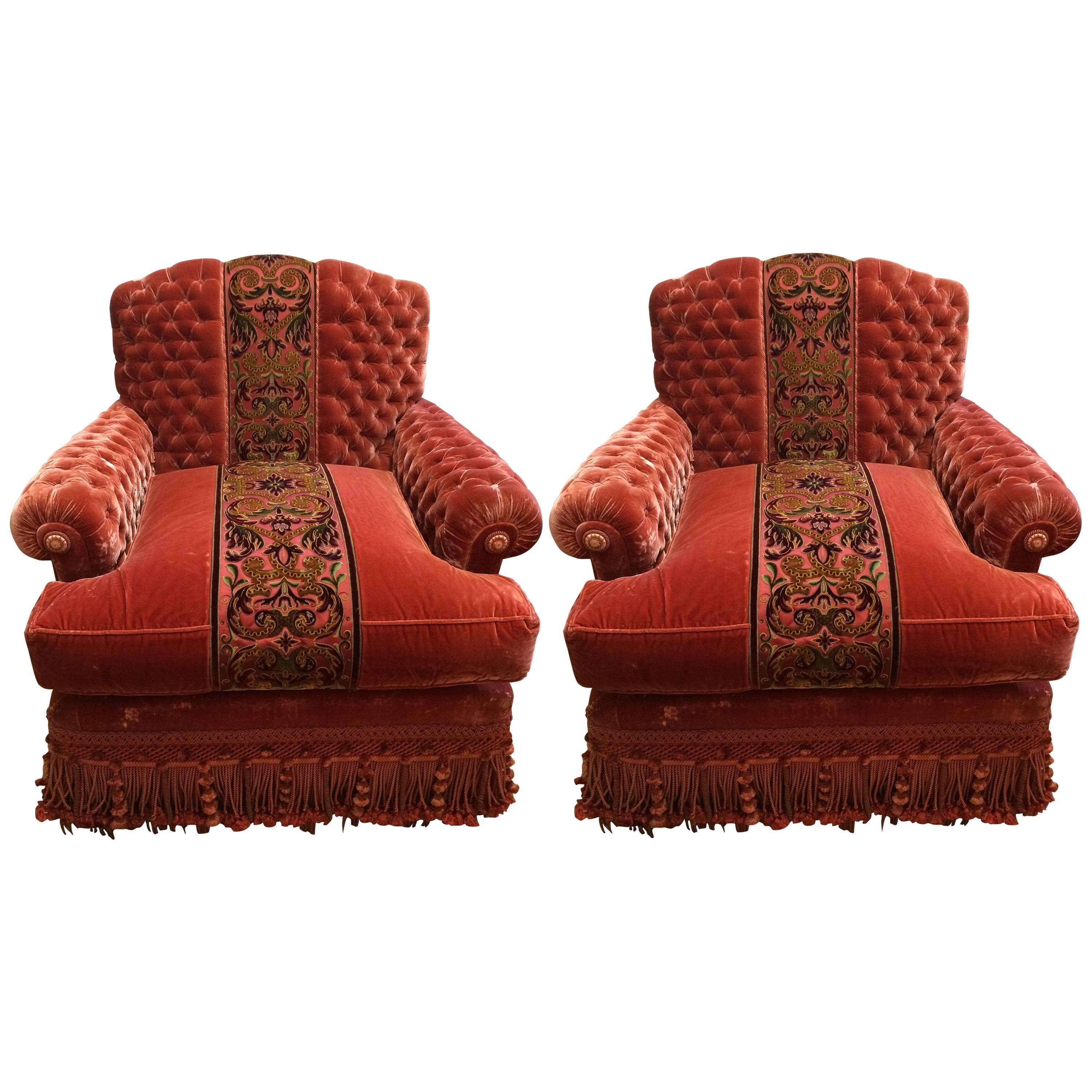Parisian Chic Ornate Pair of Silk Velvet Tufted Club Chairs