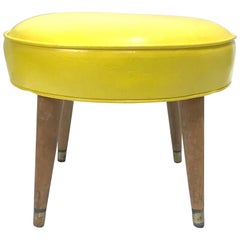 1950s Stool Maple Wood Legs, Brass Ferules, Yellow Vinyl Paul Mc Cobb Attrib.