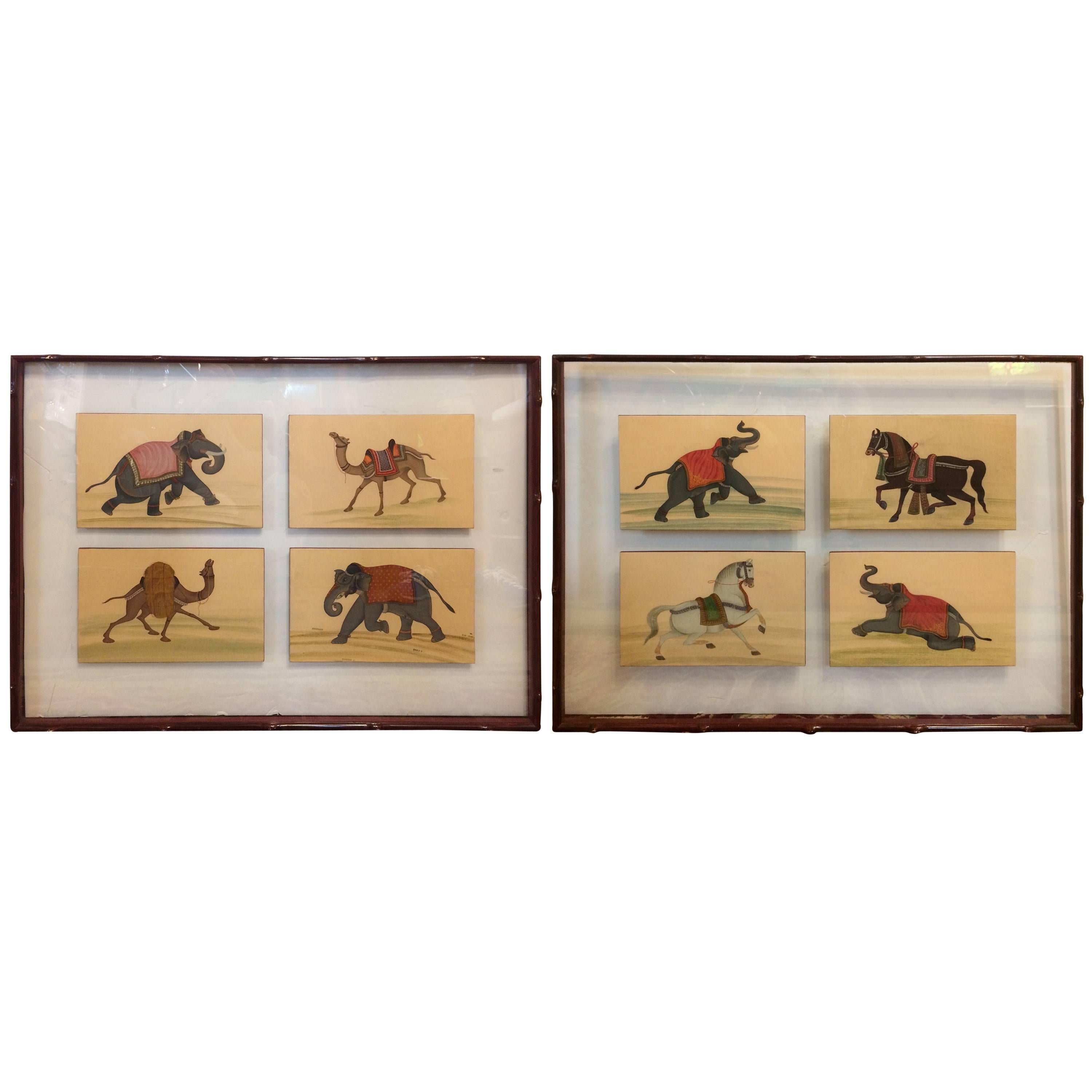 Pair of Fascinating Framed Hand-Painted Collection of Circus Animals For Sale