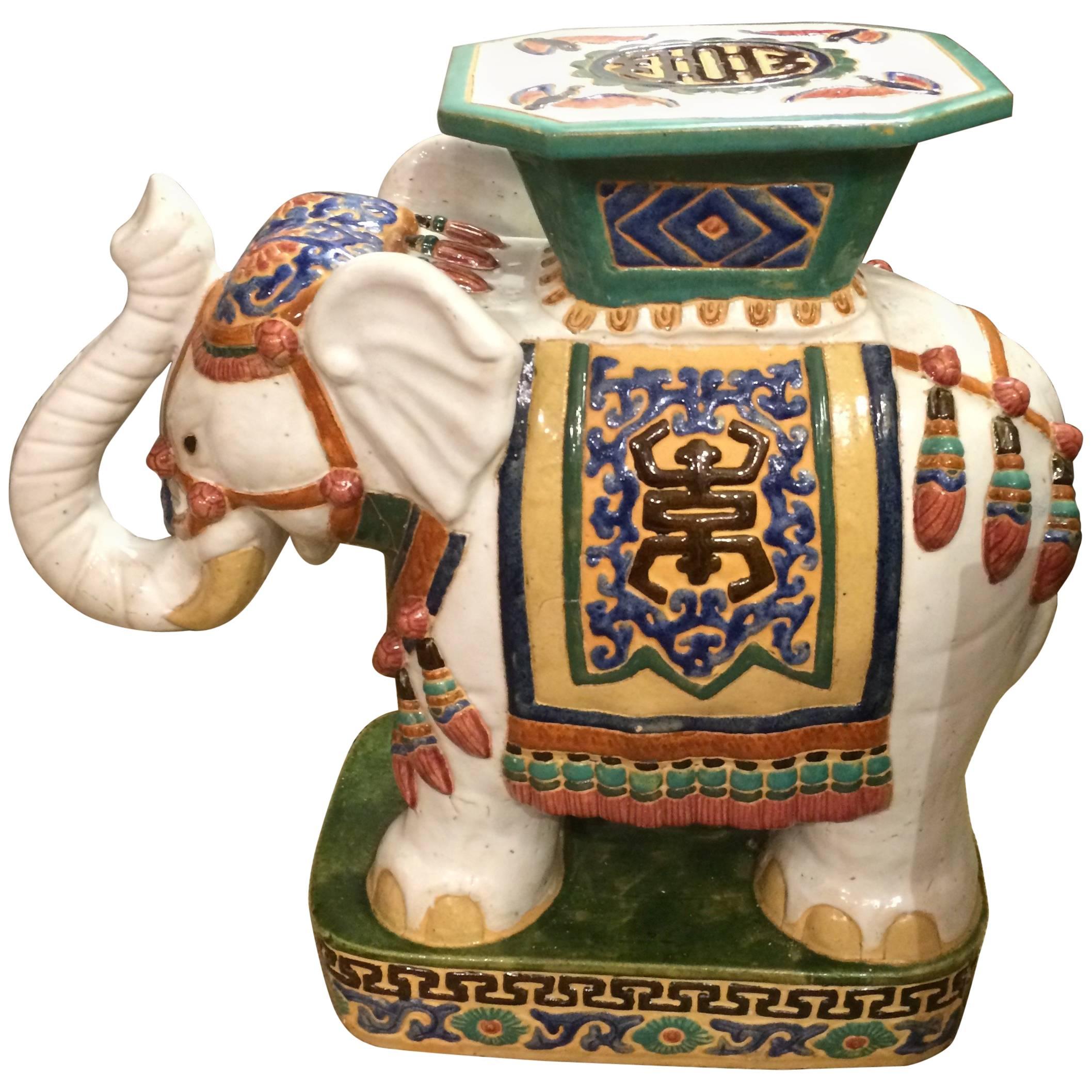 Charming Ceramic Hand-Painted Elephant Garden Seat Table