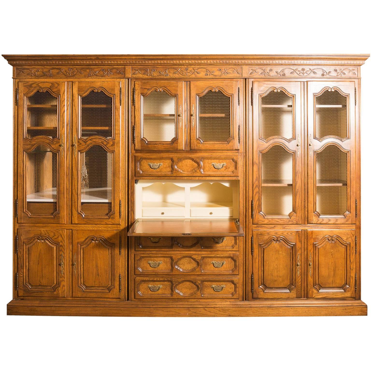 Country French Walnut Baker Secretary with Drop Desk Mini Bar and Lattice Doors For Sale