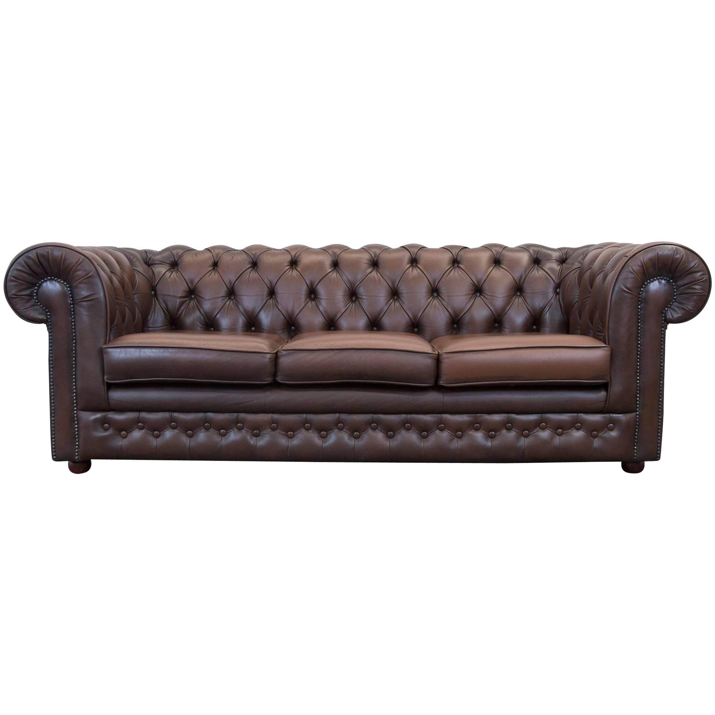 Thomas Lloyd Chesterfield Leather Sofa Brown Three-Seat Couch Vintage Retro