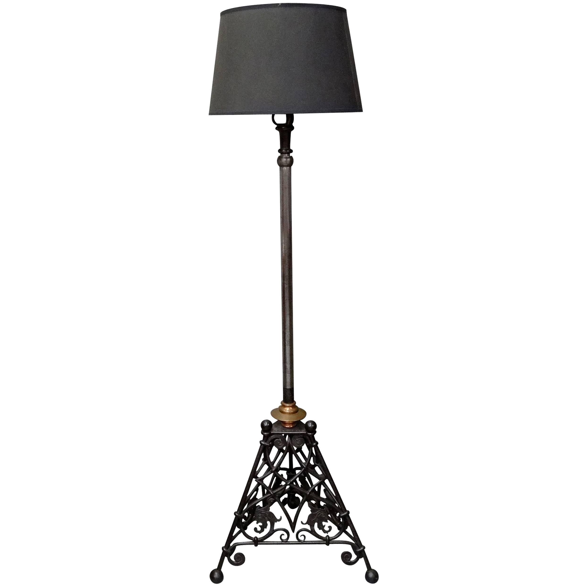CFA Voysey Rare Arts & Crafts Iron Steel and Copper Extendable Standard Lamp For Sale