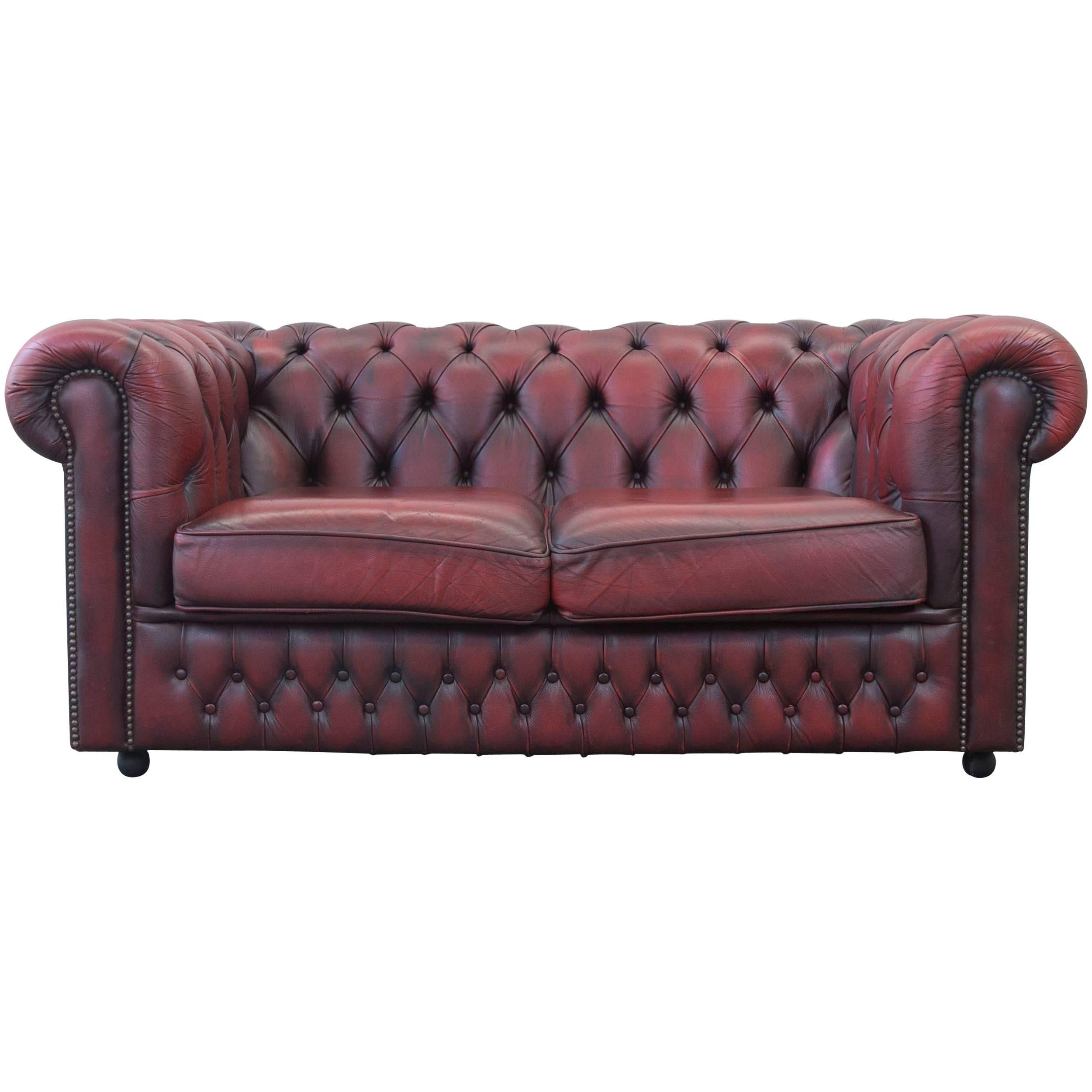 Chesterfield Leather Sofa Oxblood Red Two-Seat Couch Vintage Retro