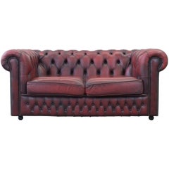 Chesterfield Leather Sofa Oxblood Red Two-Seat Couch Vintage Retro