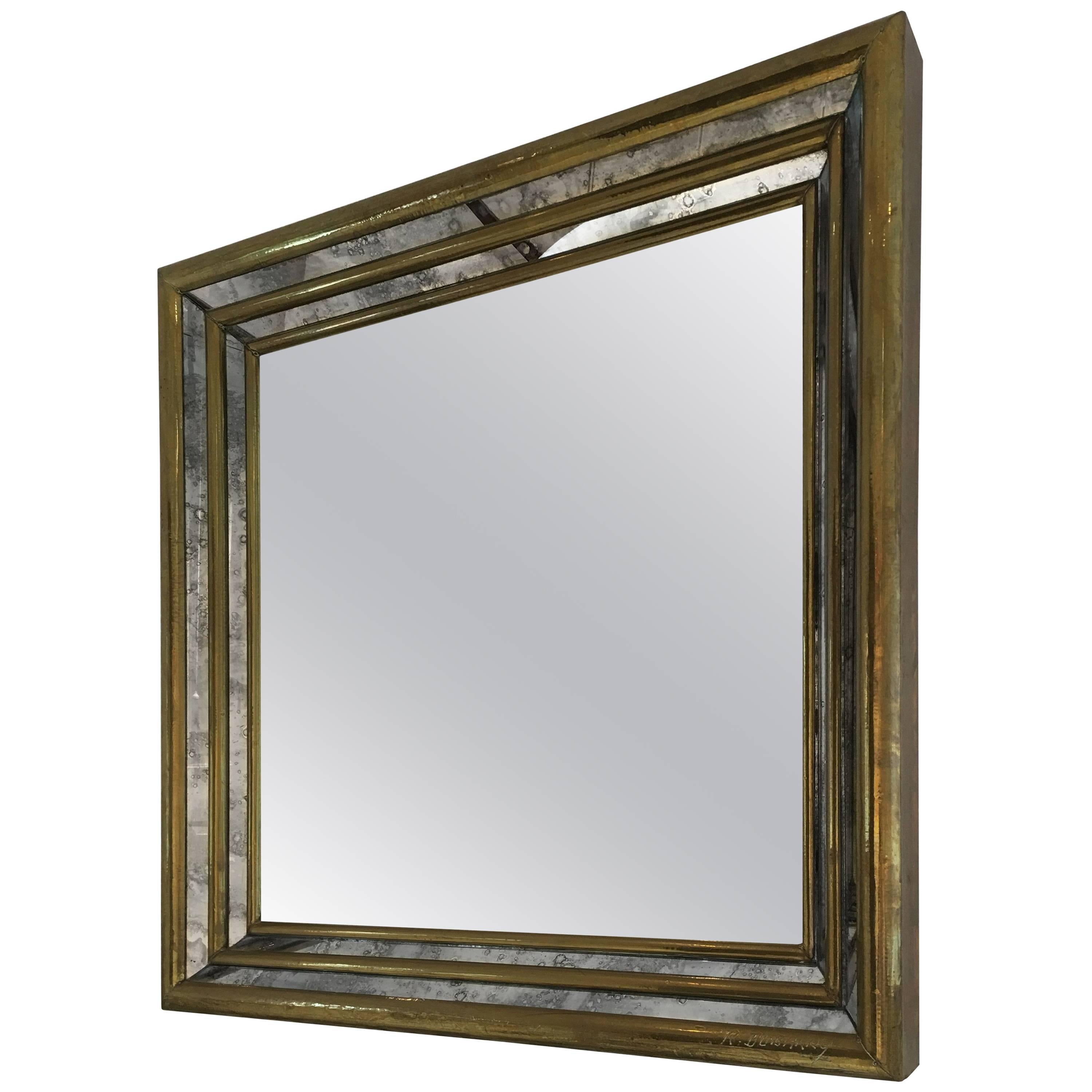 Rodolfo Dubarry gilt stepped front smoked mirror. Signed by the artist For Sale