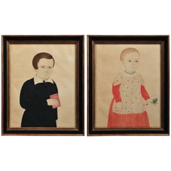 Rare Pair of Portraits of a Boy Holding a Red Book and a Girl Holding a Bouquet